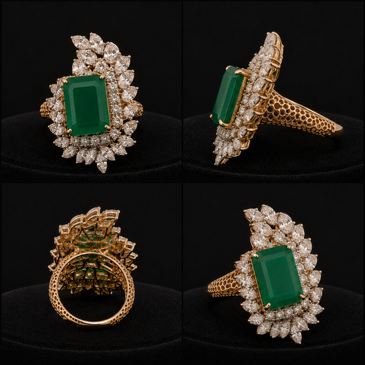 18K gold emerald-cut natural emerald and diamond ring shown from front and side