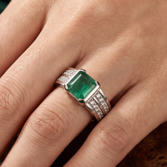 Silver emerald panna ring on hand with clear cubic zirconia pavé side details