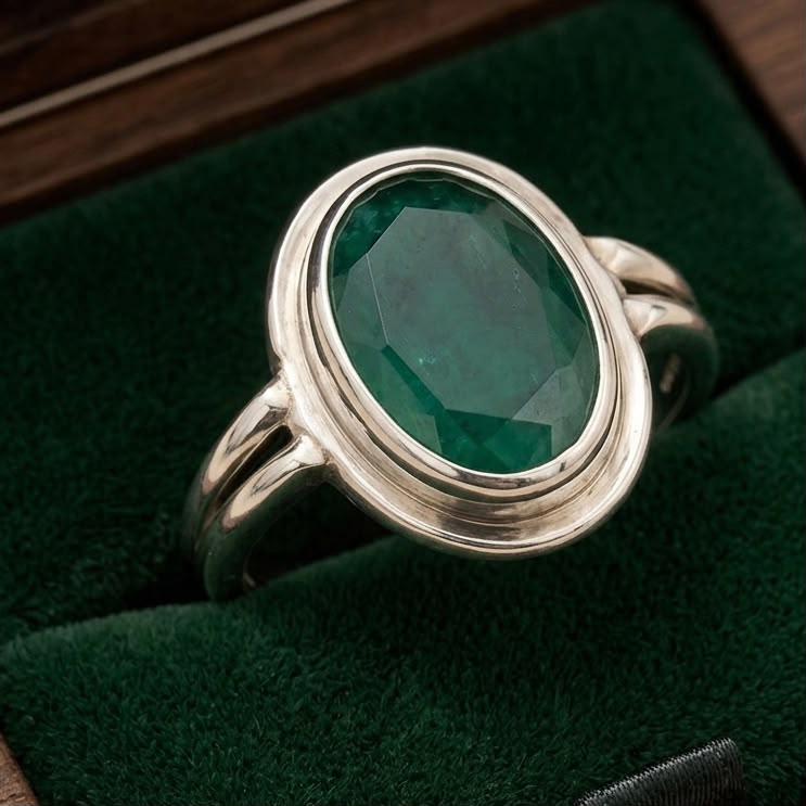 925 silver emerald panna ring with oval green gemstone on dark green velvet background