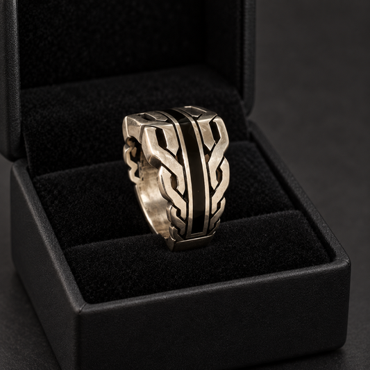 925 Sterling Silver Geometric Black Stripe Ring, Approx. 10.50 g, for Men