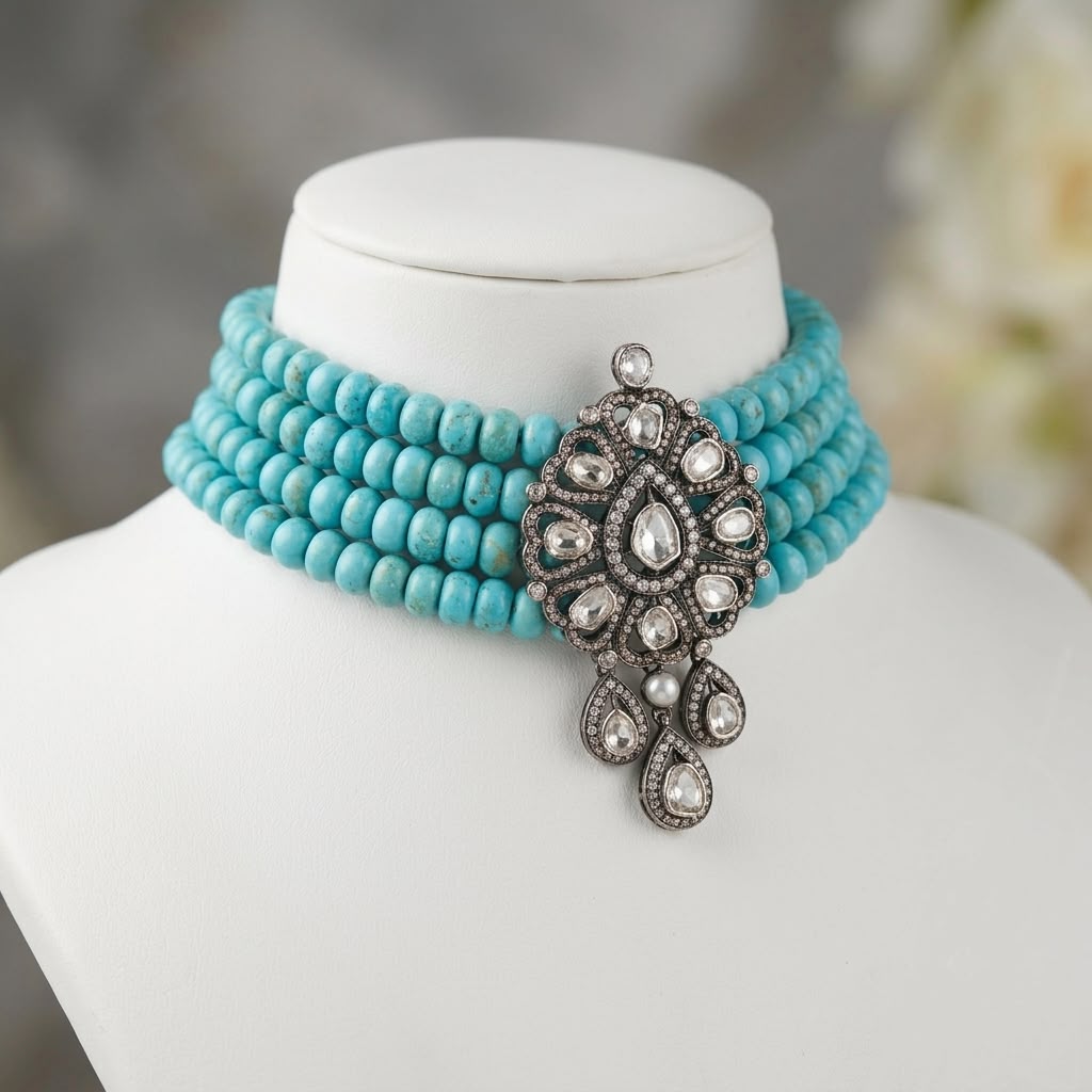 Firoza turquoise beaded choker with 925 silver and uncut moissanite centerpiece pendant