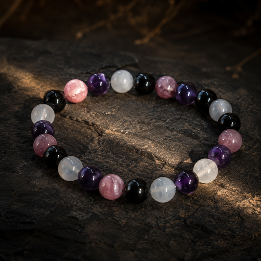 Calm & Protection gemstone bracelet with amethyst, lepidolite, black tourmaline and moonstone beads on stone