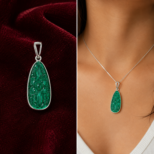 Carved green onyx teardrop pendant on silver chain, shown close-up on velvet and model