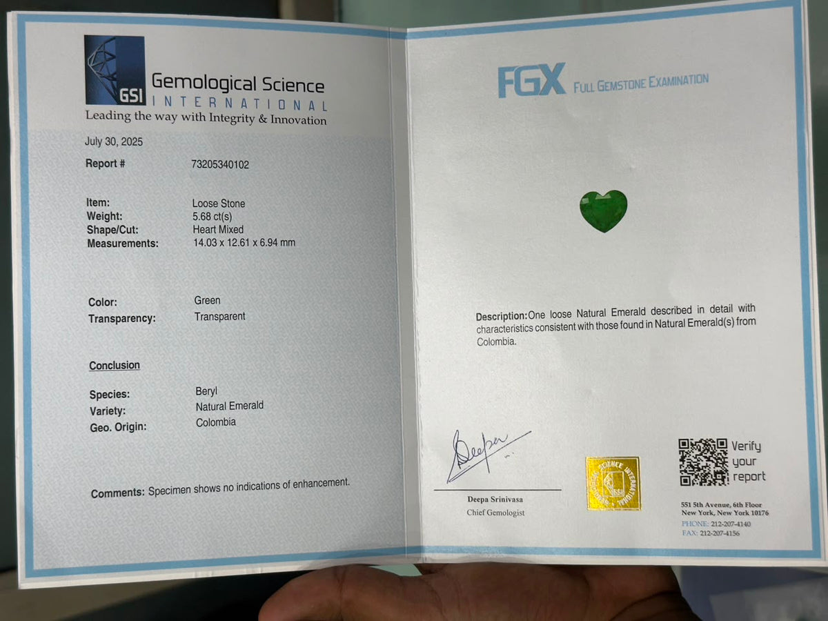 GSI certified report document showing natural emerald heart loose stone details