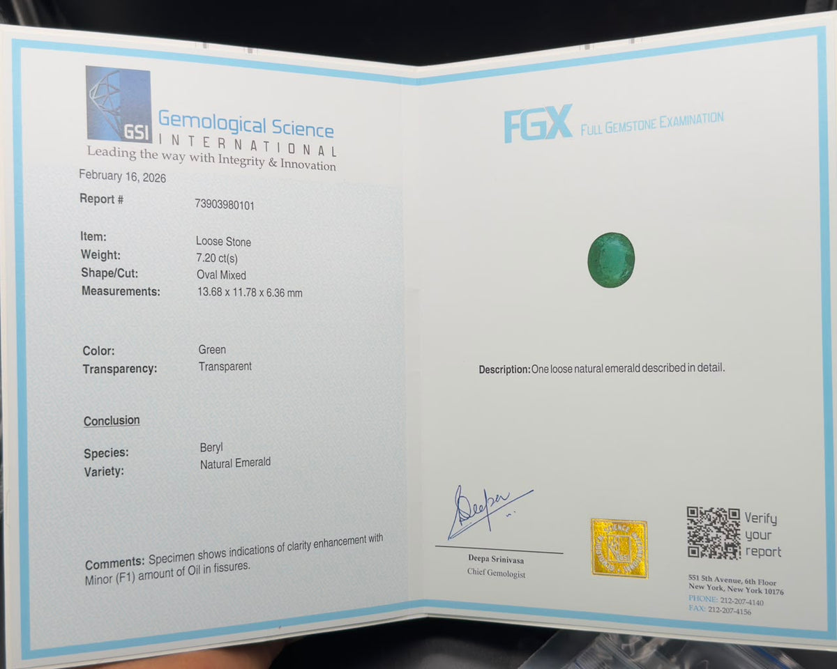 GSI gemological report document showing natural emerald details and loose stone photo