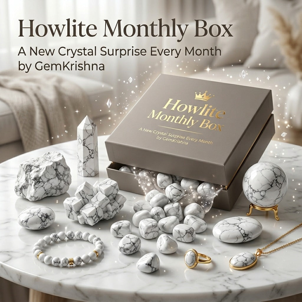 Howlite Monthly Box on marble with howlite jewelry and crystal pieces