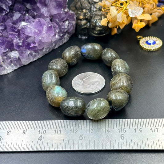 Labradorite tumble bracelet bead strand with ruler and coin size for comparison