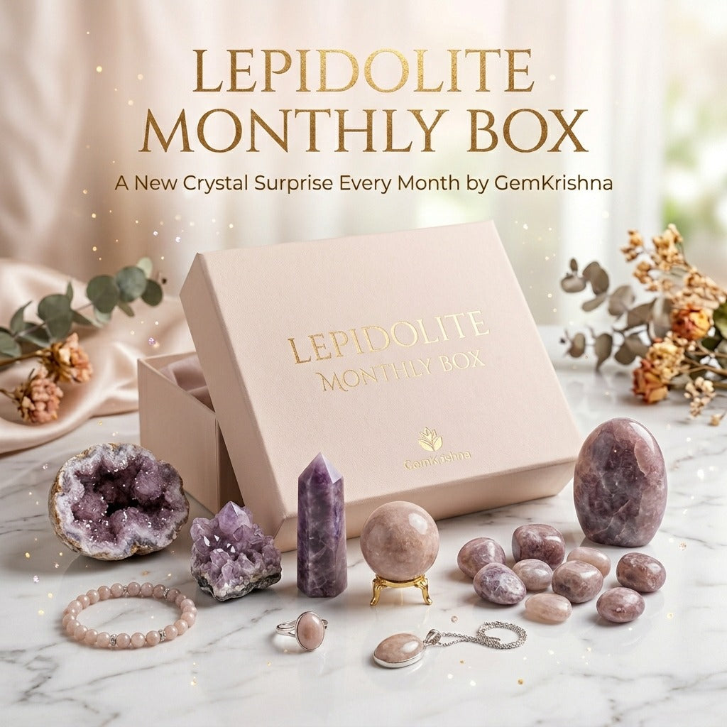Lepidolite Monthly Box gift set with purple crystals, jewelry pieces, and matching box