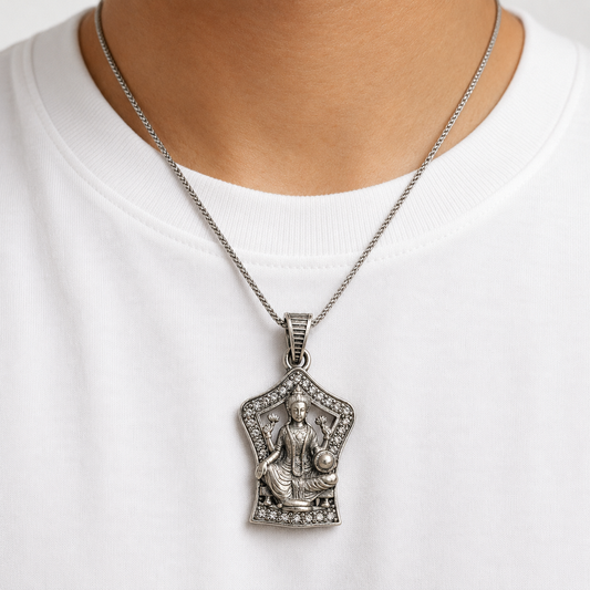 Maa Lakshmi lotus temple pendant in 925 silver with clear stone frame worn on silver chain