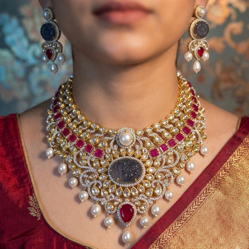 Model wearing 925 silver polki-set choker necklace with pearl drops and ruby centerpiece