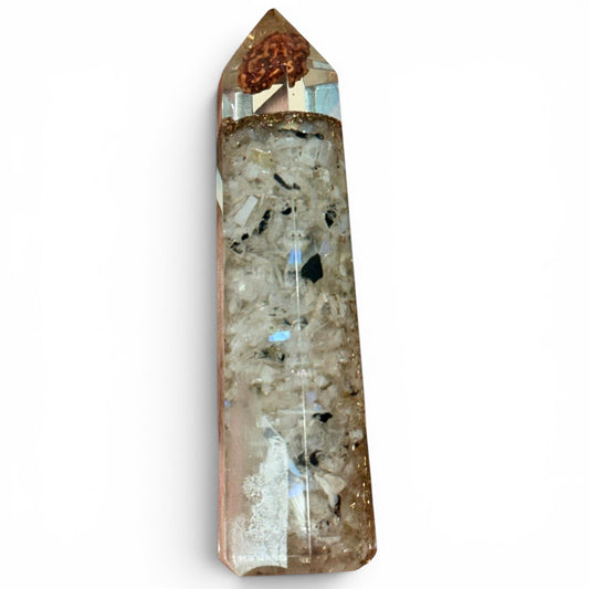 Moonstone crystal tower with druzy top and polished facets, front view on white background