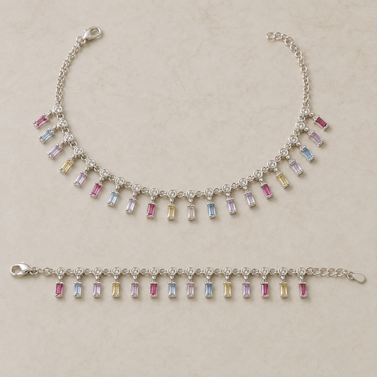 Multicolour baguette stone 925 sterling silver anklet with dangling charms on beige background