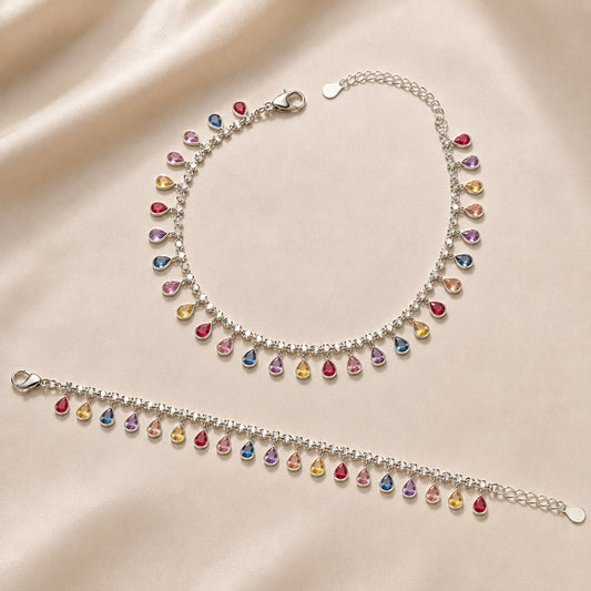 Multicolour pear stone 925 sterling silver anklet laid flat with multicolour teardrop charms