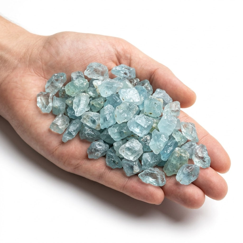 A hand holding a heap of natural raw aquamarine chips on a white background