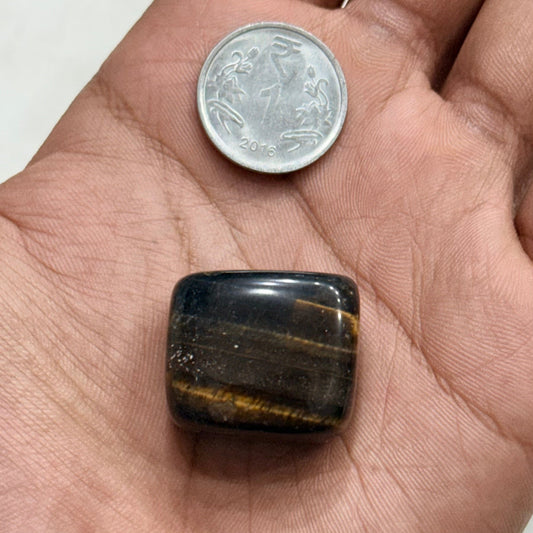 Natural blue tiger eye tumble stone with golden banding shown beside a coin for size