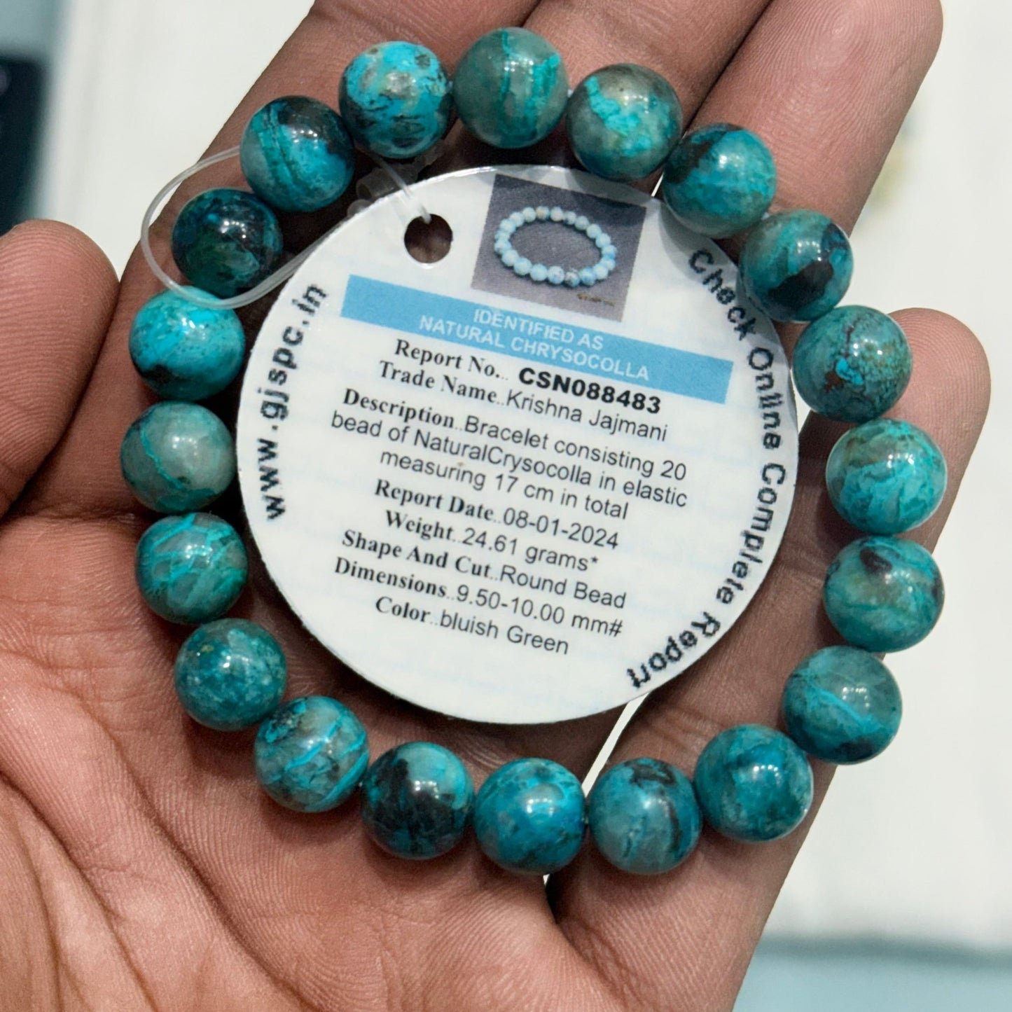 Natural Chrysocolla Bracelet 9.50 - 10 mm Blue Green Colour Lab Certified - GemKrishna