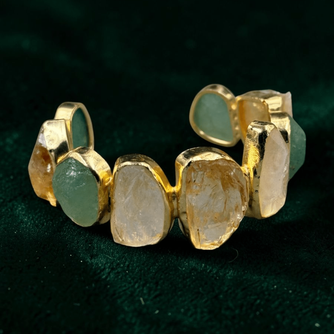 Natural citrine and green aventurine rough stone bracelet with gold-tone metal settings