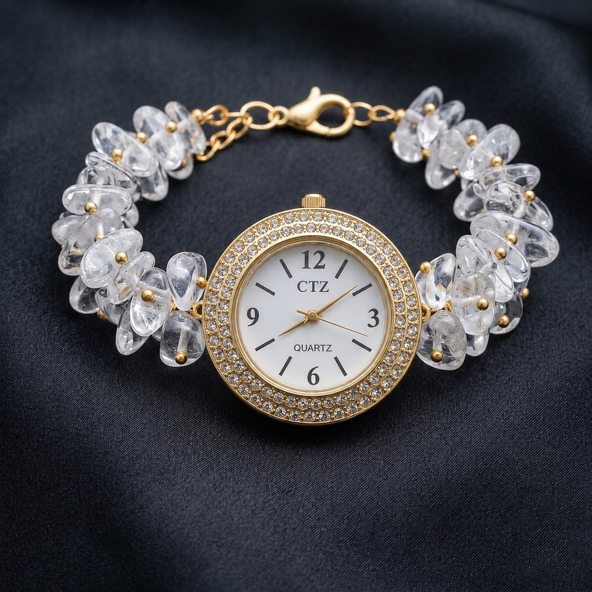 Natural clear quartz (sphatik) luxury wrist watch with gold tone dial and quartz movement