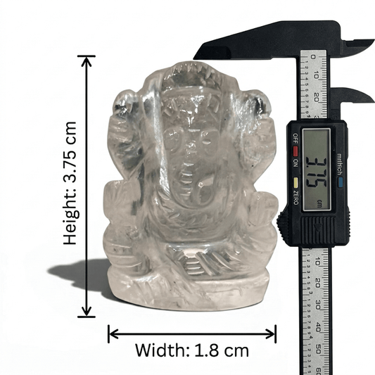 Natural crystal quartz Ganesh Ji carving figure with height and width measurement ruler