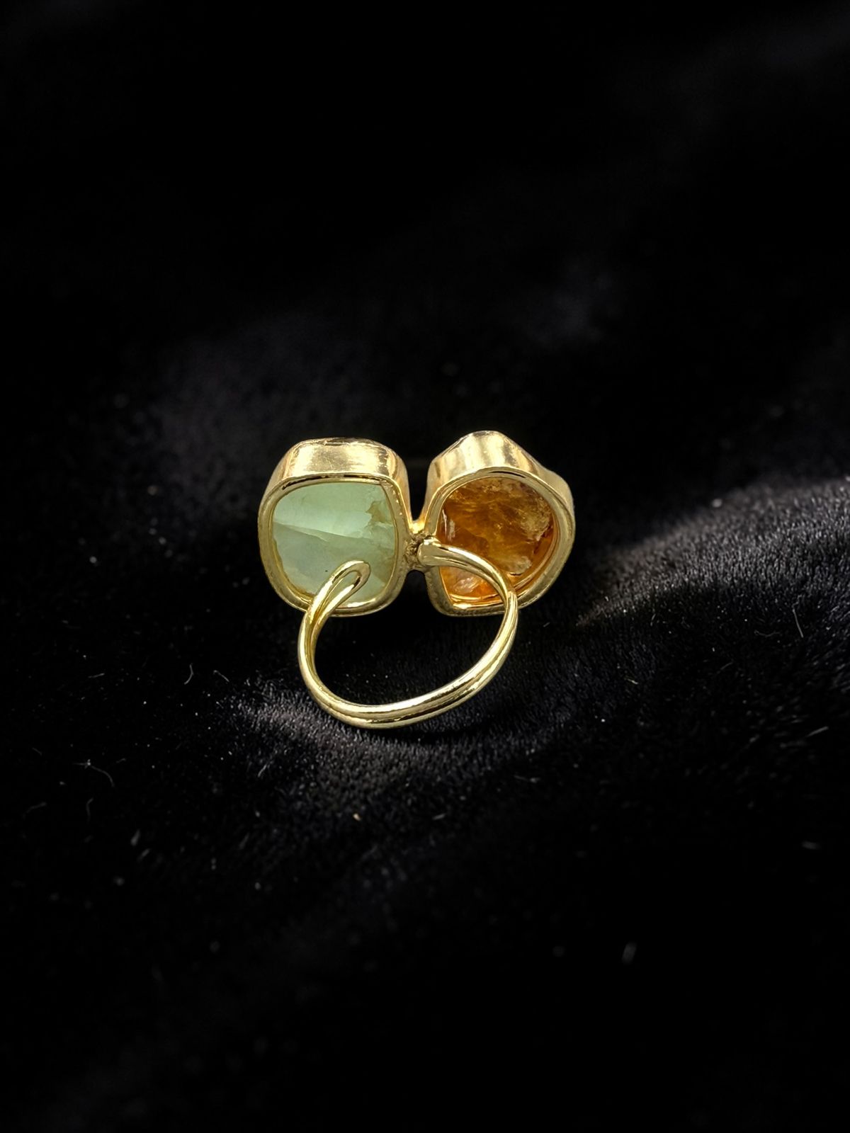 Natural green aventurine and citrine rough metal ring open oval setting side view