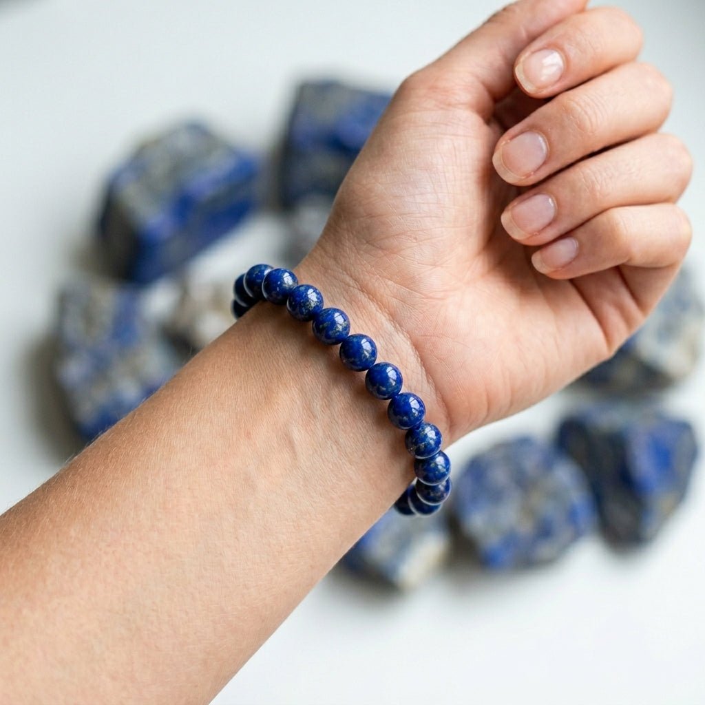 Natural Lapis Lazuli Bracelet | Round Beads | Certified Original Gemstone Jewelry - GemKrishna