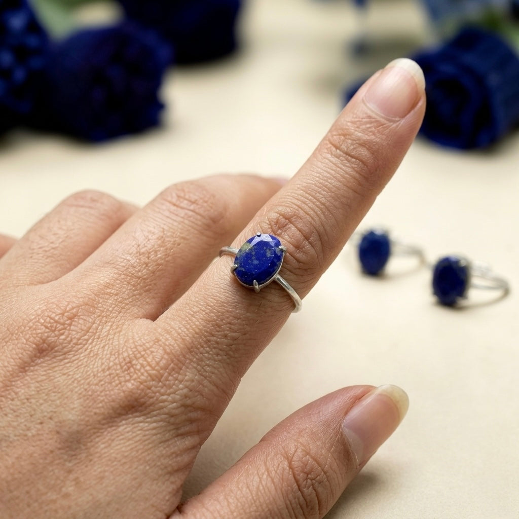 Natural lapis lazuli adjustable ring close-up on finger showing blue oval gemstone setting