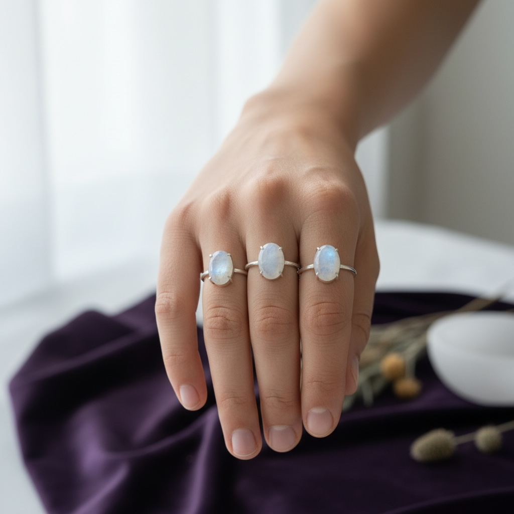 Natural moonstone ring (adjustable) on fingers showing oval moonstone cabochon silver bands