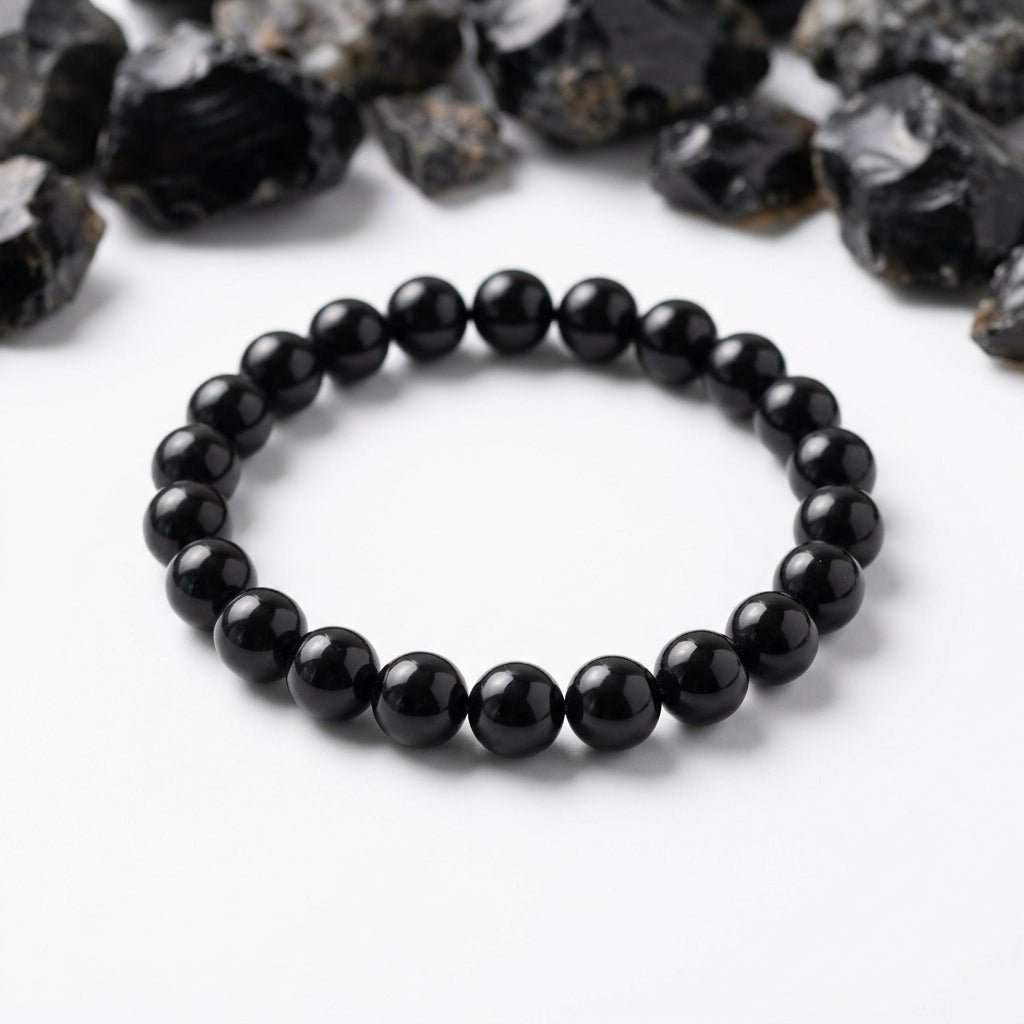 Natural Obsidian Bracelet | Round Beads | Certified Original Gemstone Jewelry - GemKrishna