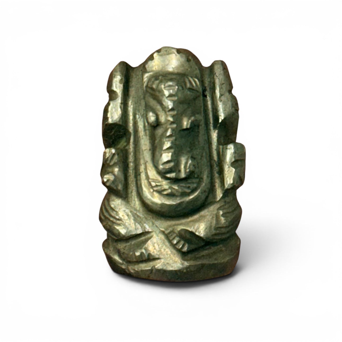 Natural pyrite Ganesh Ji carving figure close-up on white background showing facial details