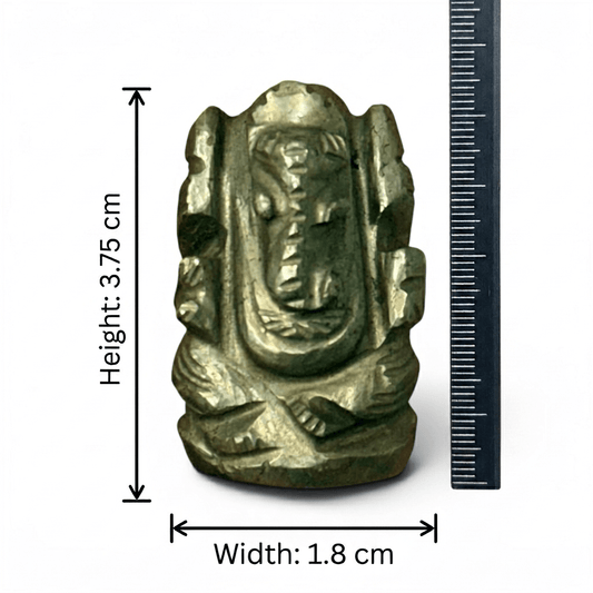 Natural pyrite Ganesh Ji carving figure with measurement scale shown against white background