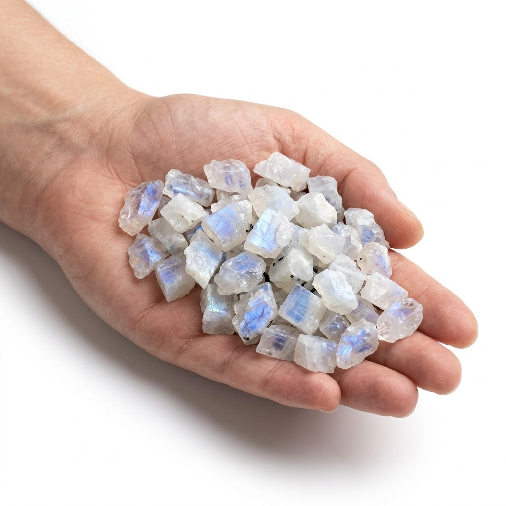 A hand holding a heap of natural raw rainbow moonstone chips on a white background