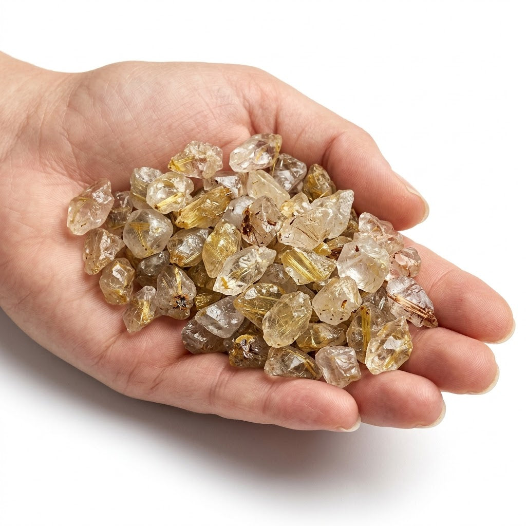 A hand holding a heap of natural raw rutilated quartz chips on a white background