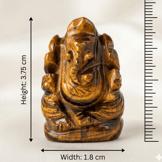 Natural Tiger’s Eye Ganesh Ji carved figurine with size markings, front view height 7.5 cm