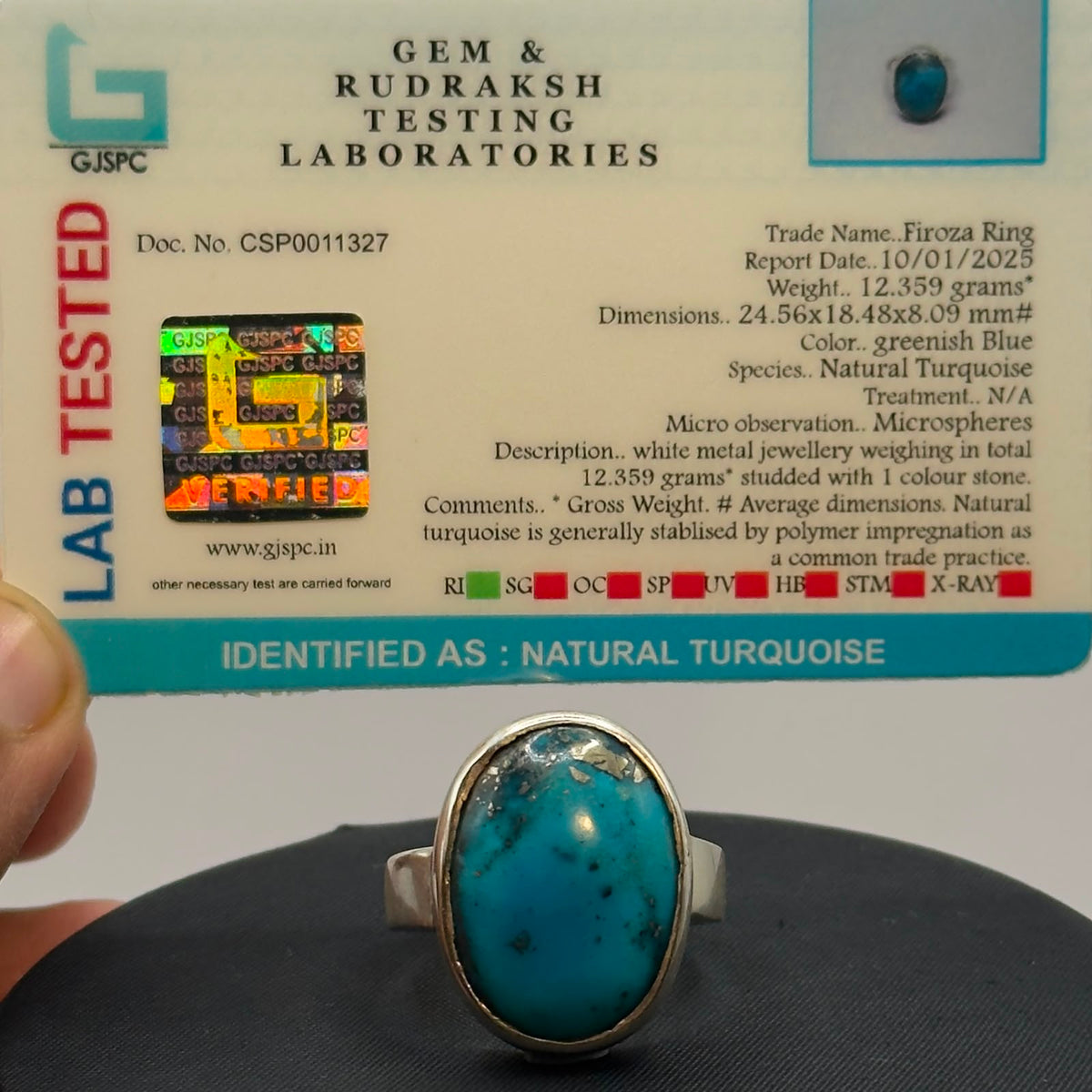 Gem and Rudraksh lab certificate card showing natural turquoise trade name Firoza Ring
