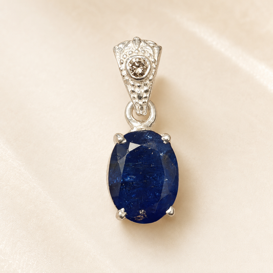 Front view natural tanzanite pendant with lab-grown diamond accents in 925 silver