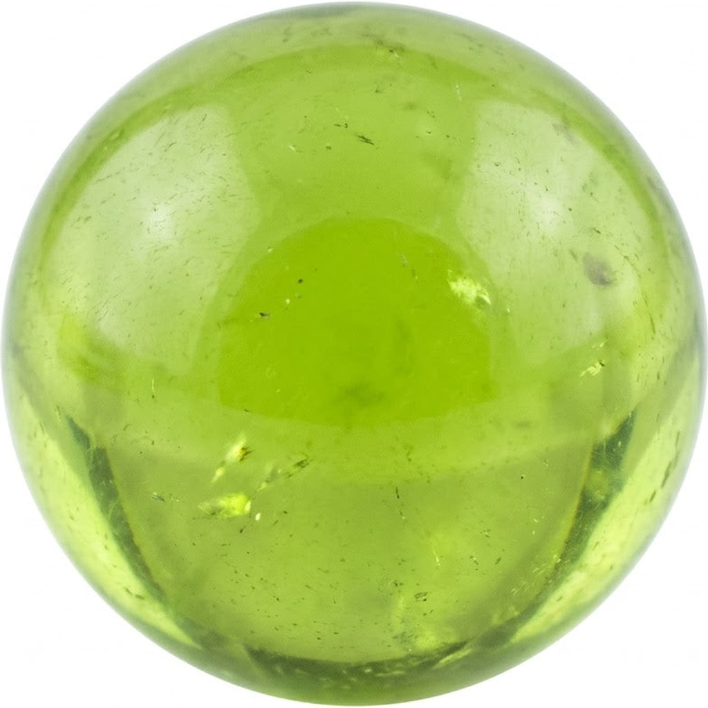 Illustration of a polished peridot (gem quality) bead; natural colour and pattern vary