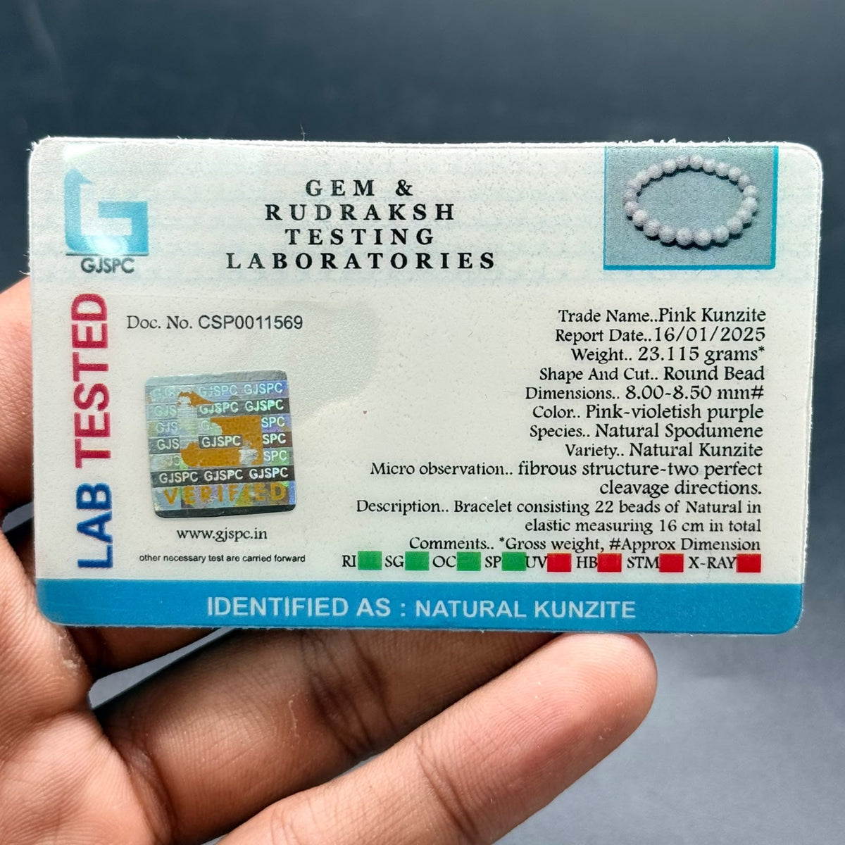 Lab test card label for Pink Kunzite showing identified as natural kunzite