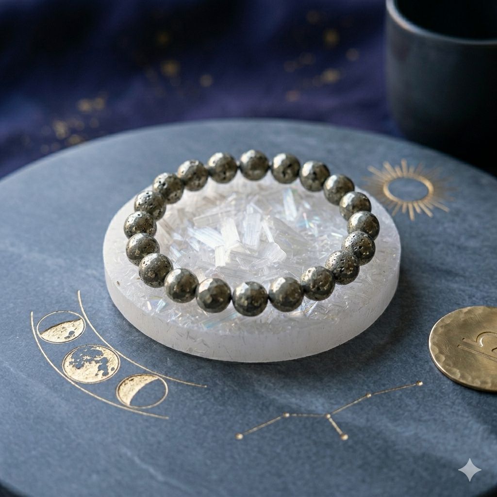Raw selenite plate with embedded crystal clusters and silver bead bracelet nearby
