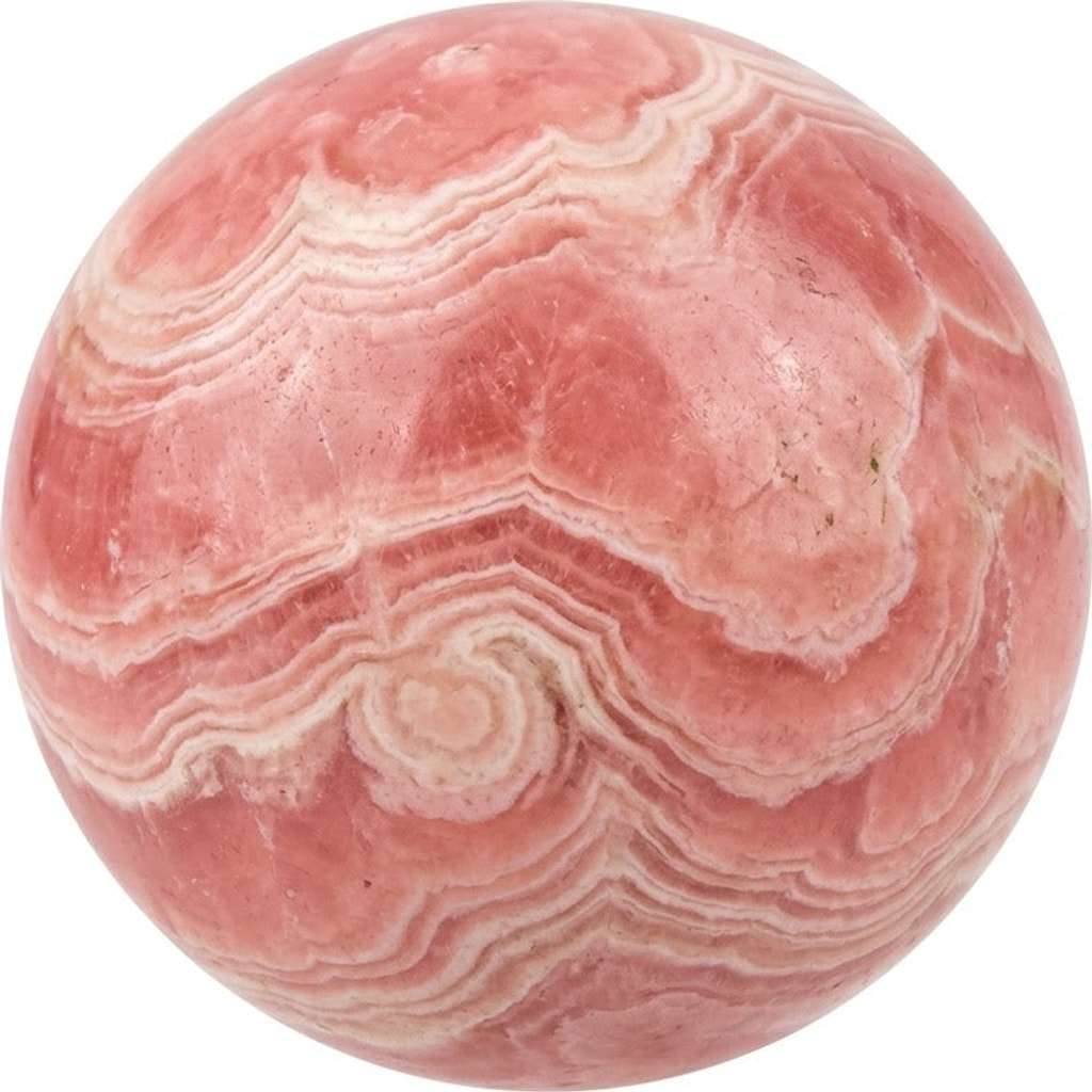Illustration of a polished rhodochrosite bead; natural colour and pattern vary