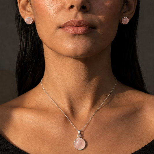 Woman wearing natural rose quartz cabochon earring and silver pendant necklace set