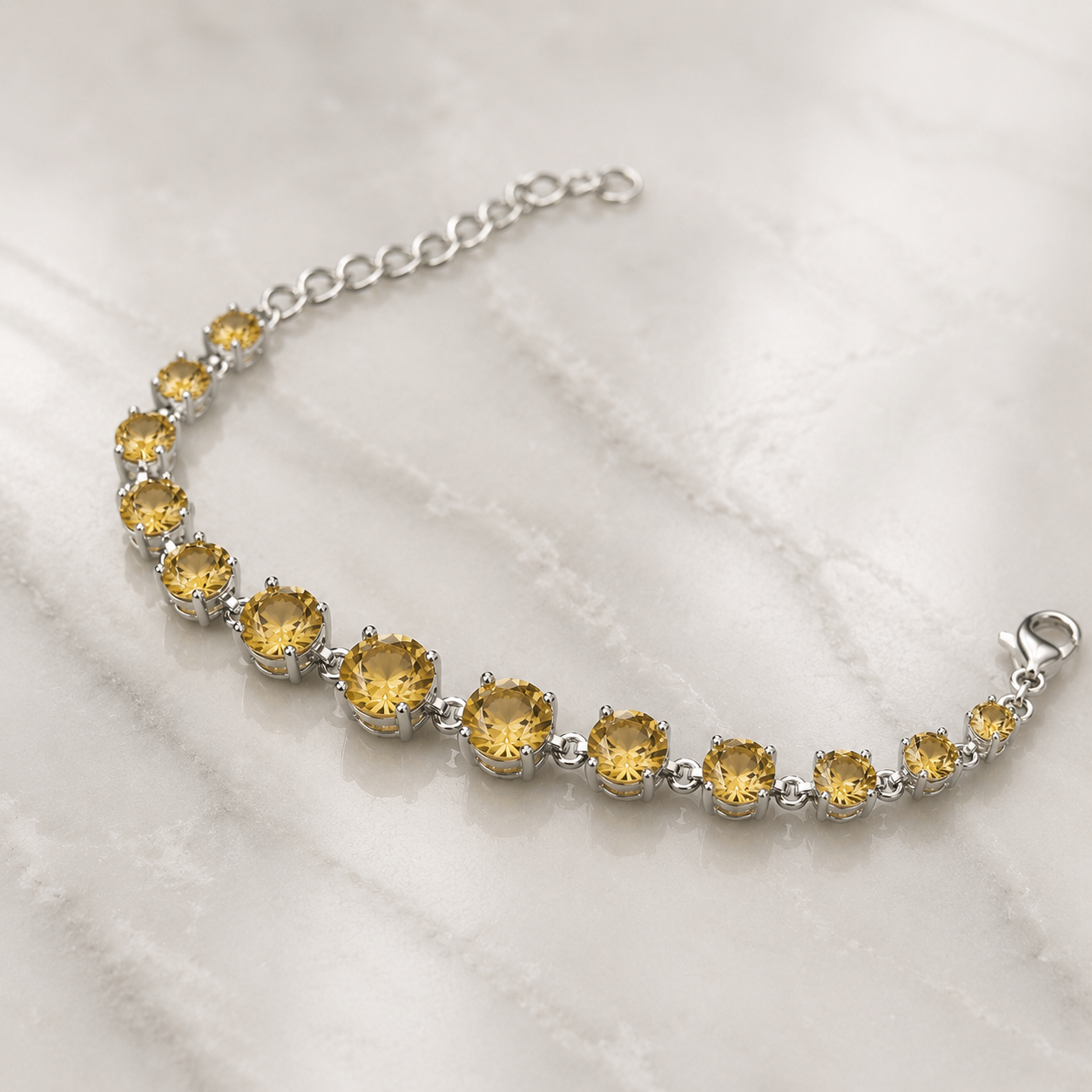 Citrine gemstone tennis bracelet in 925 silver with round yellow stones and linked chain clasp