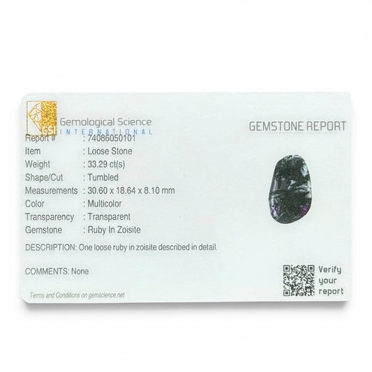 Gemstone report card showing ruby in zoisite label for a loose tumbled stone