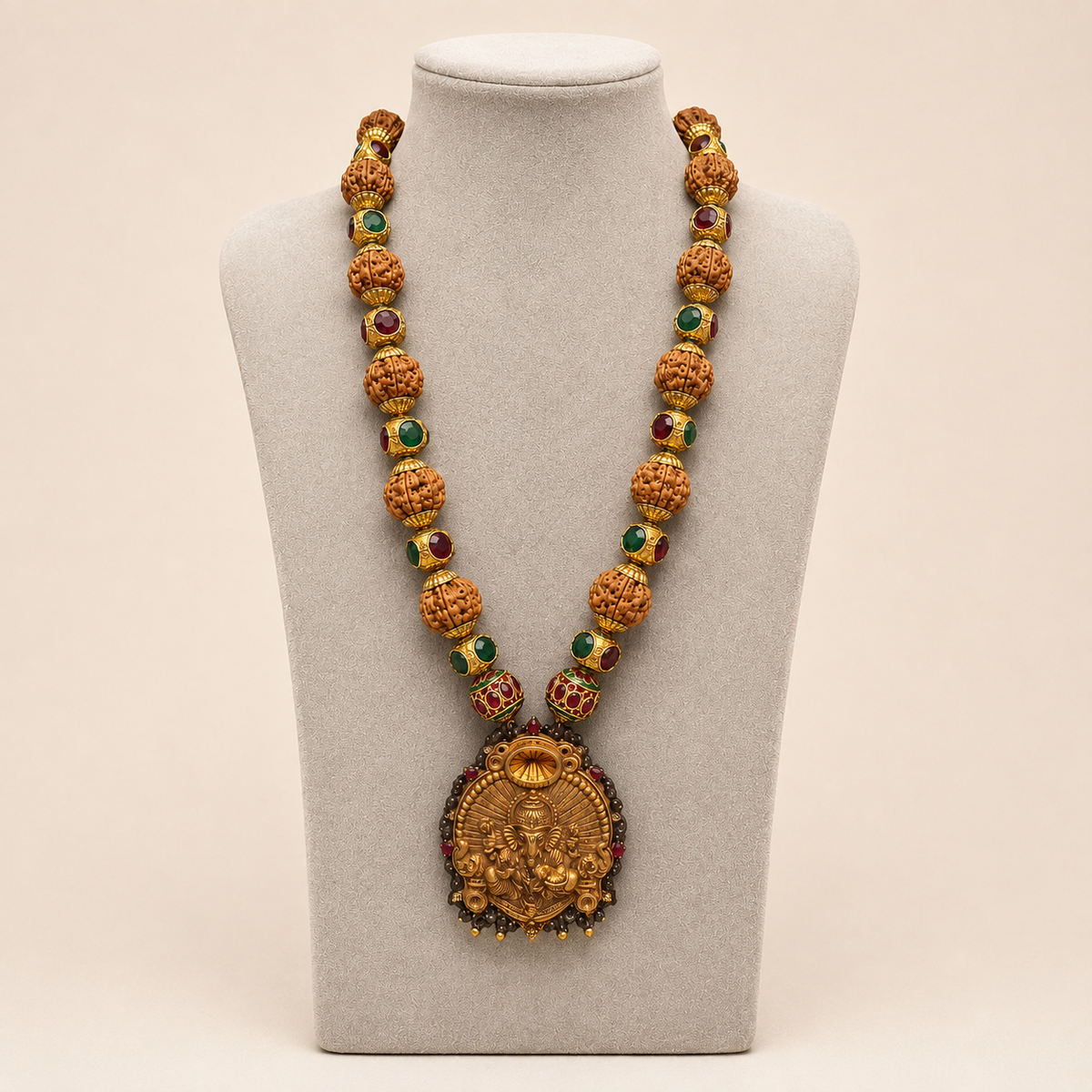 Rudraksha kundan mala necklace with Lord Ganesha pendant shown on white display bust