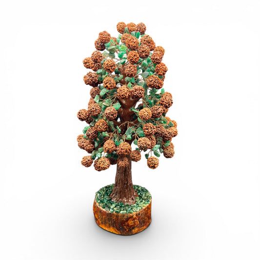 Rudraksha tree decor with brown bead clusters, green leaf accents, on a carved wood base