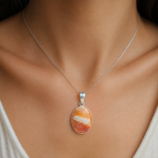 Carved carnelian oval pendant in 925 silver worn on a fine silver chain
