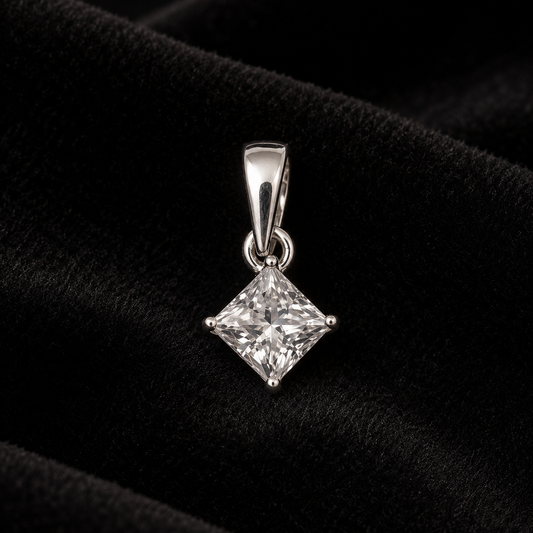 925 silver princess cut moissanite solitaire pendant with a faceted square gem on black velvet