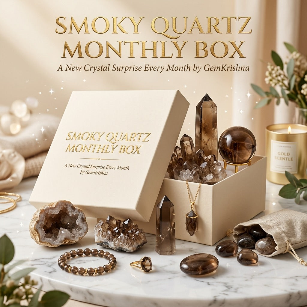 Smoky Quartz Monthly Box gift set with smoky quartz crystals, pendant, beads, and stones