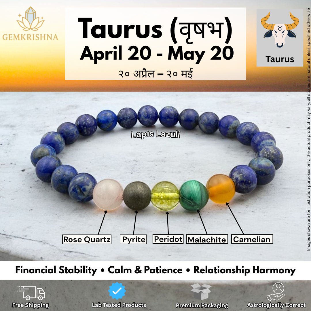 Taurus stability and strength bracelet featuring blue lapis lazuli beads and color accent stones