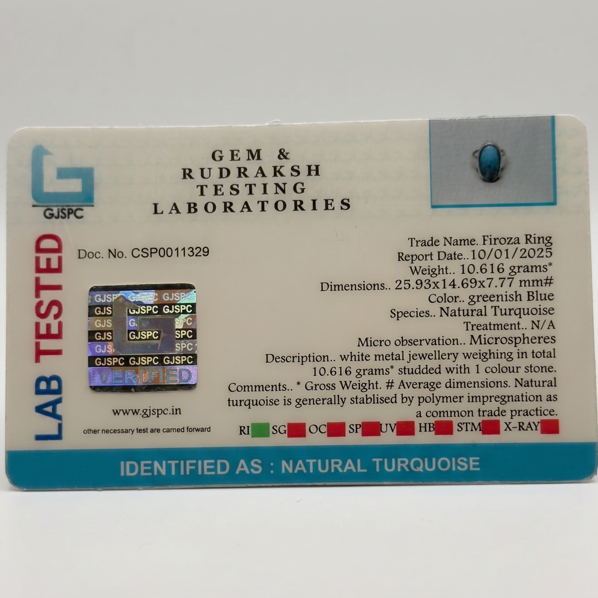 Gem & Rudraksh testing laboratory label showing turquoise ring details and weight