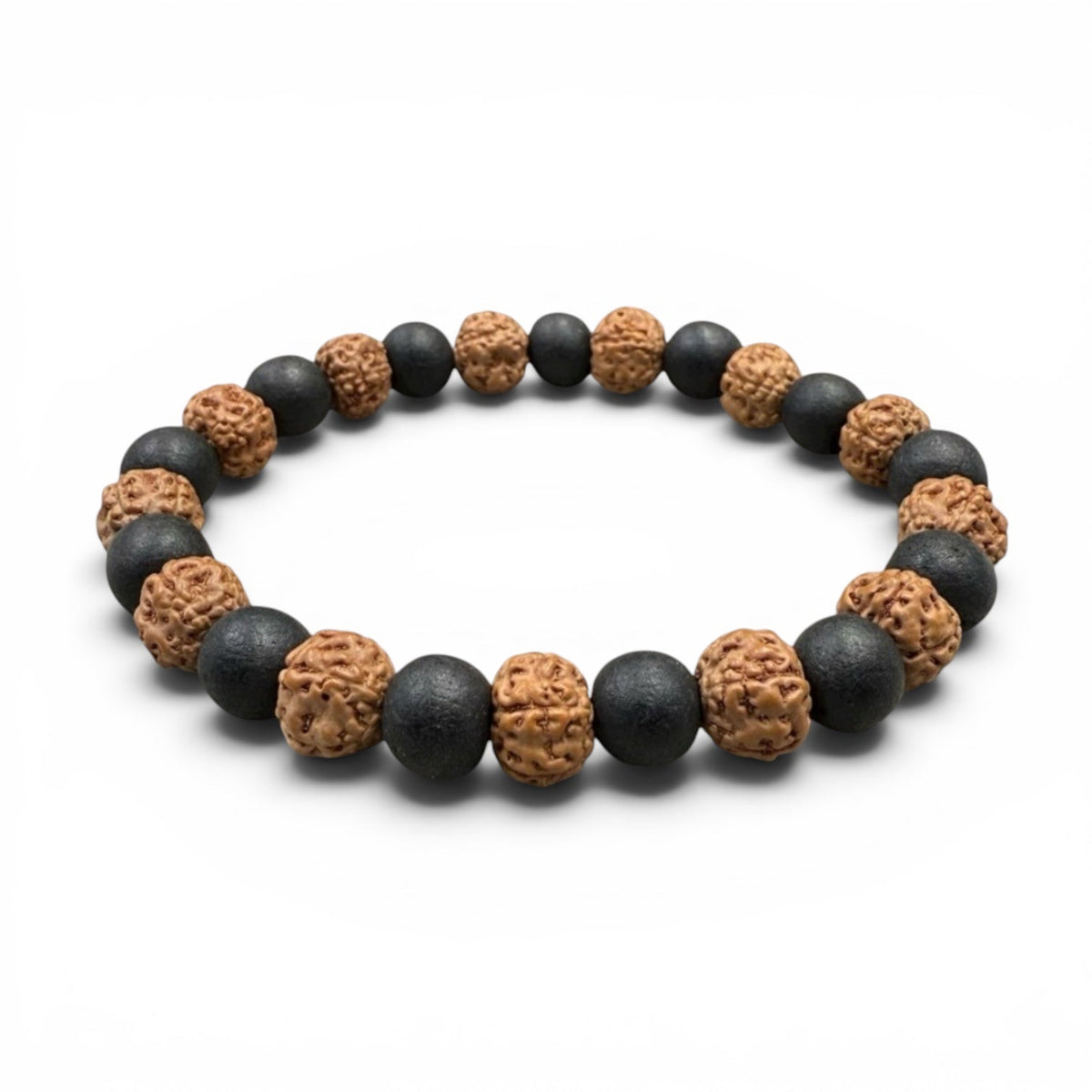 Round bead view of 5 Mukhi rudraksh and karungali bracelet with black and tan beads on white